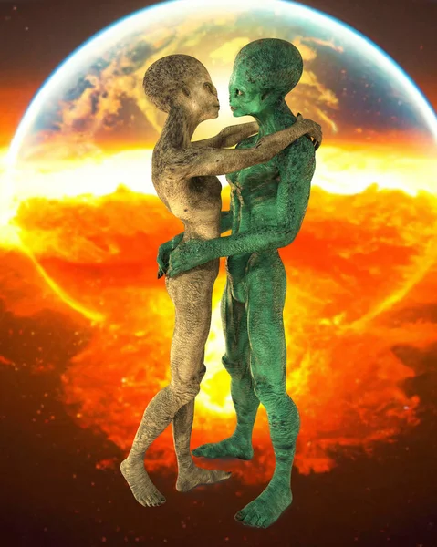 Aliens love, 3D illustration. A couple of humanoid aliens hugging each other on space background