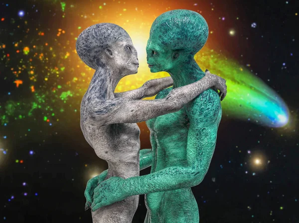 stock image Aliens love, 3D illustration. A couple of humanoid aliens hugging each other on space background