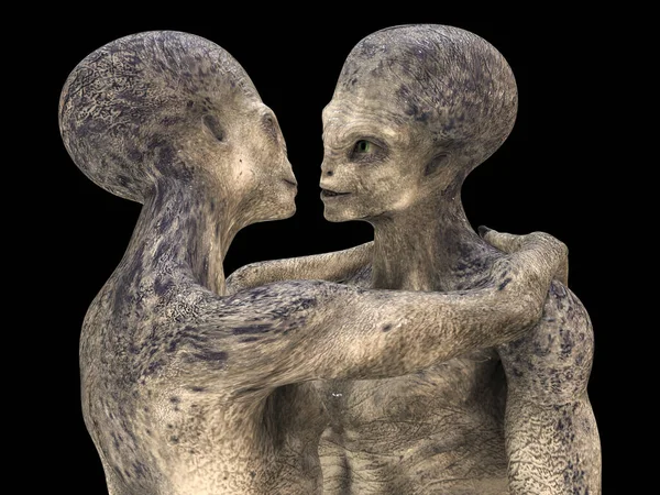 Uzaylılar Bayılır Boyutlu Çizimler Bir Çift Insansı Uzaylı Birbirlerine Sarılıyorlar — Stok fotoğraf