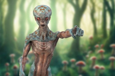 İşaret parmağıyla mantar arka planlı yeşil ormanı işaret eden insansı uzaylı, 3 boyutlu illüstrasyon