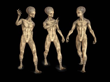 Üç insanımsı uzaylı fotoğraf gerçekliği yüksek cilt dokusu ile aralarında konuşuyor, 3 boyutlu çizim.