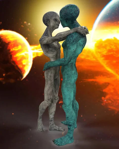 Aliens love, 3D illustration. A couple of humanoid aliens hugging each other on space background