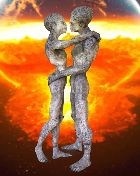 stock image Aliens love, 3D illustration. A couple of humanoid aliens hugging each other on space background