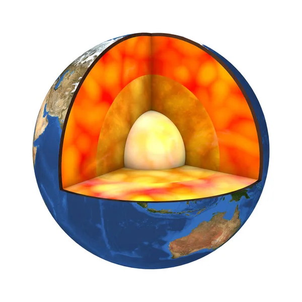 地球の内部構造 切り取られた3Dイラスト 外側の中央からは 内側のコア 外側のコア マントル 地殻の4つの層が画像に表示されます — ストック写真