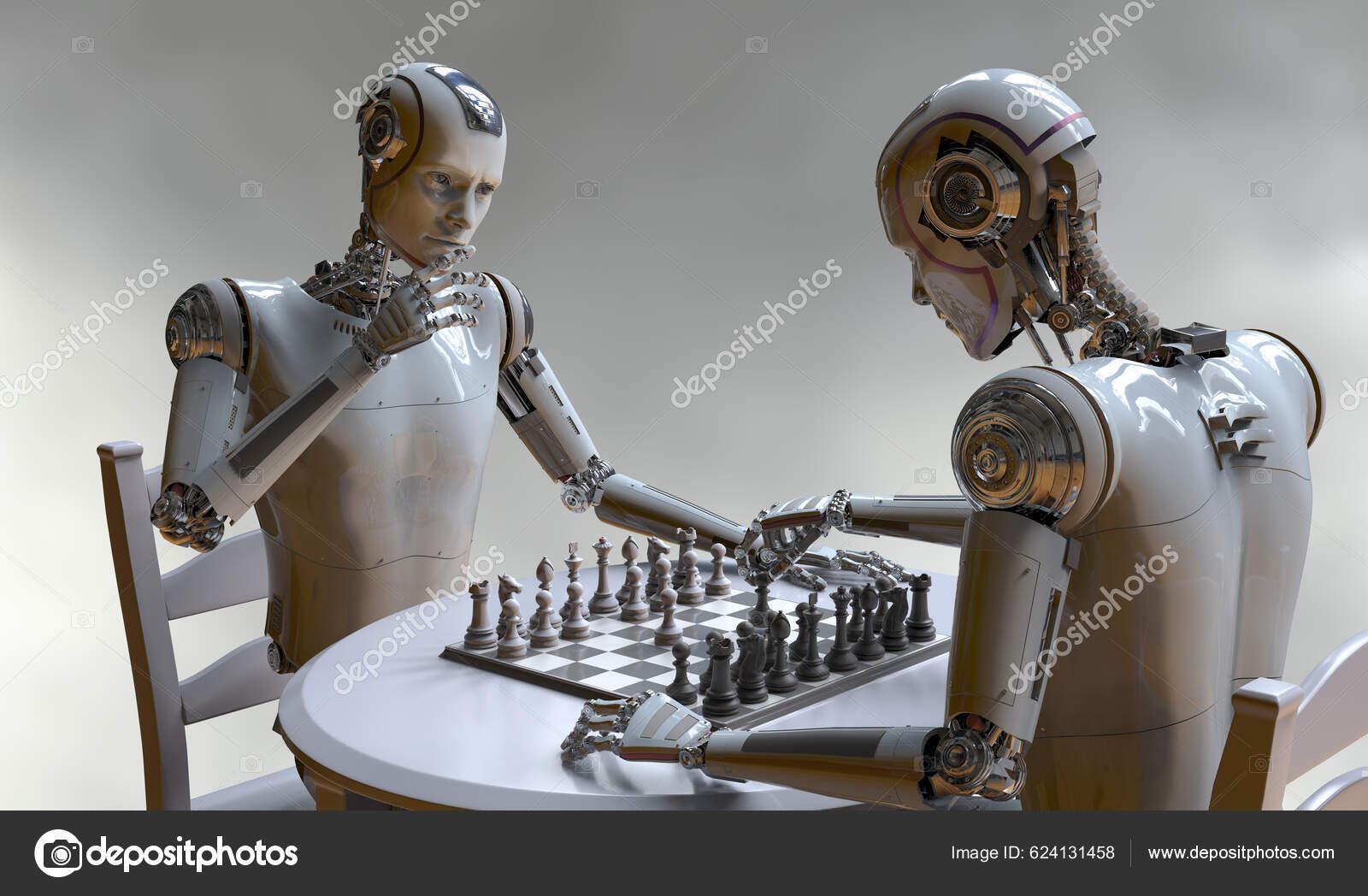 Um robô está jogando um jogo com uma pessoa ao fundo