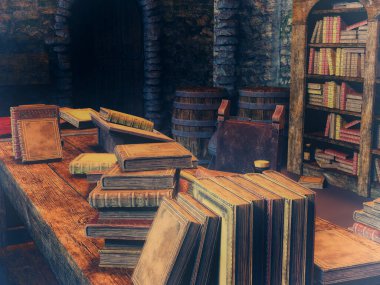 Masadaki antika kitaplar ve eski bir evdeki kitaplık, üç boyutlu illüstrasyon. Antika kütüphane. Ortaçağ Okulu