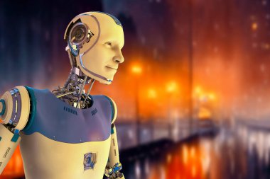 Gece kenti arka planında gelecekteki insansı bir robotun portresi, 3 boyutlu illüstrasyon