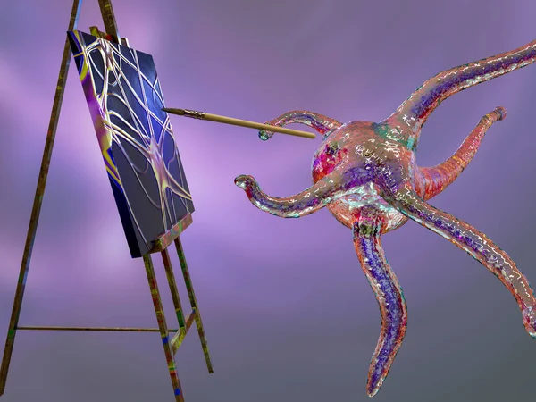 Нейрон Мозку Малює Художню Картину Пензлем Фарбами Полотні Концептуальну Ілюстрацію — стокове фото