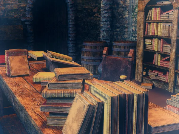 Antike Bücher Auf Einem Tisch Und Bücherregal Einem Alten Haus — Stockfoto
