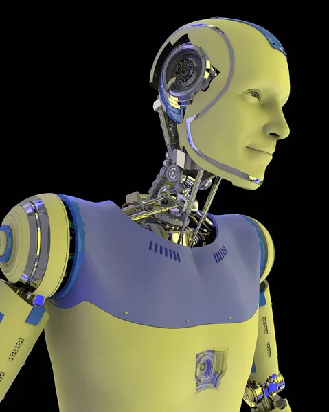 Portrait of a futuristic humanoid robot looking aside from camera, 3D illustration