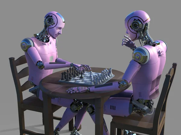 Robô com rosto humano jogando xadrez contra a tela do