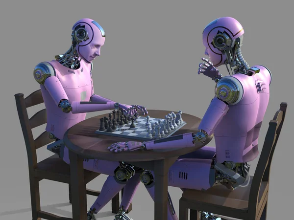 Humanoid robot playing chess, conceptual 3D illustration. Sicilian defence chess opening. Artificial intelligence, futuristic chess game. Chess computer training concept