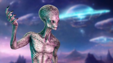 Kameradan yana bakan insansı uzaylı uzay arka planında son derece gerçekçi cilt dokusu, 3 boyutlu illüstrasyon