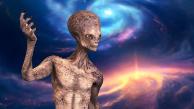 Kameradan yana bakan insansı uzaylı uzay arka planında son derece gerçekçi cilt dokusu, 3 boyutlu illüstrasyon