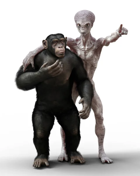 ヒト型エイリアンとチンパンジーのサル 3Dイラスト — ストック写真