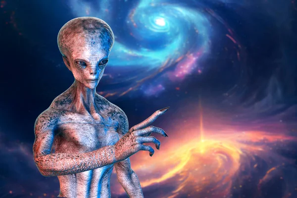 stock image Humanoid alien looking aside from camera with photo realistic highly detailed skin texture on space background, 3D illustration