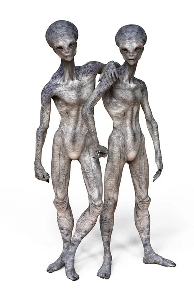 Dwóch Humanoidalnych Kosmitów Patrzących Kamerę Zdjęciem Realistycznej Bardzo Szczegółowej Struktury — Zdjęcie stockowe