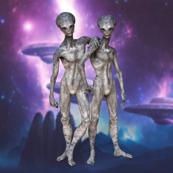 Dois Alienígenas Humanóides Olhando Para Câmera Com Foto Realista Altamente — Fotografia de Stock