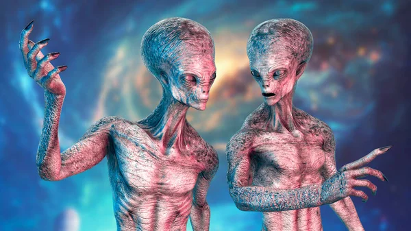 Two humanoid aliens talking between themselves with photo realistic highly detailed skin texture on space background, 3D illustration