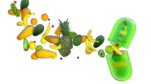 Pille Mit Früchten Konzeptionelle Illustration Biologisch Aktive Zusatzstoffe Vitamine Gesundes — Stockfoto