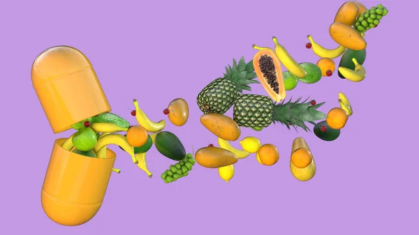 用水果填饱肚子 概念三维图解 生物活性添加剂 维生素 健康营养概念 — 图库照片