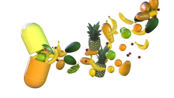 Pilulka Ovocem Konceptuální Ilustrace Biologické Účinné Přísady Vitamíny Zdravá Výživa — Stock fotografie