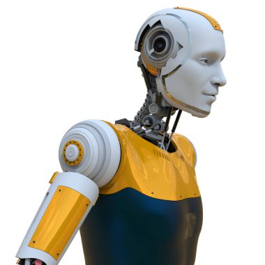 Kameradan yana bakan gelecekçi bir insansı robotun portresi, 3 boyutlu illüstrasyon