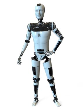 Kendinden emin duruşu ve yüz ifadesi olan gelecekçi insansı robot, 3 boyutlu illüstrasyon