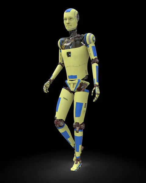 Robot Humanoide Futurista Aislado Sobre Fondo Negro Ilustración —  Fotos de Stock