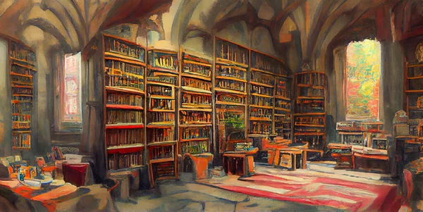 Medieval library with many old books on shelves and table, digital illustration in hand drawing oil pastel style