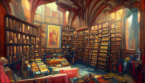 Medieval library with many old books on shelves and table, digital illustration in hand drawing oil pastel style