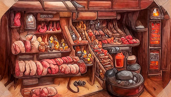 Medieval meat shop, digital illustration in hand drawing oil pastel style