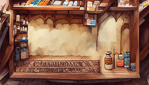 Medieval pharmacy store, digital illustration in hand drawing oil pastel style. Alchemical store with many bottles.