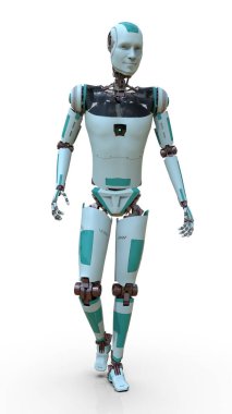 Kendinden emin duruşu ve yüz ifadesi olan gelecekçi insansı robot, 3 boyutlu illüstrasyon