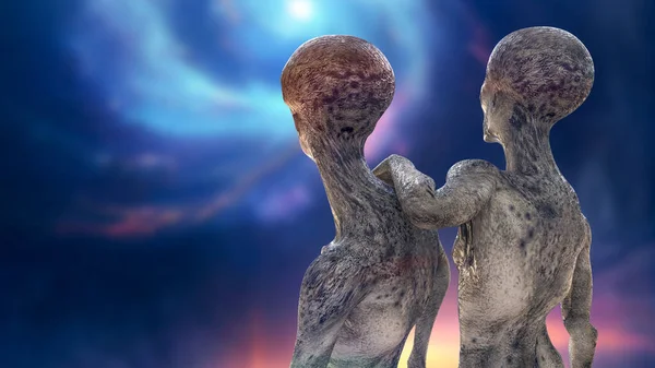 Two humanoid aliens looking back from camera with photo realistic highly detailed skin texture on space background, 3D illustration