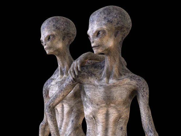 Dois Alienígenas Humanóides Olhando Para Além Câmera Com Foto Realista — Fotografia de Stock
