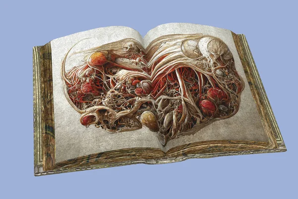 Ouvert Livre Antique Avec Des Dessins Médicaux Anatomie Abstraite Illustration — Photo