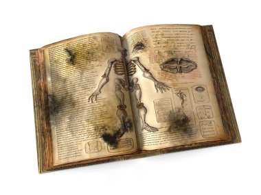 Mold in old books, conceptual 3D illustration. Open antique book with abstract medical anatomical drawings, text on abstract language and black mold on its pages clipart