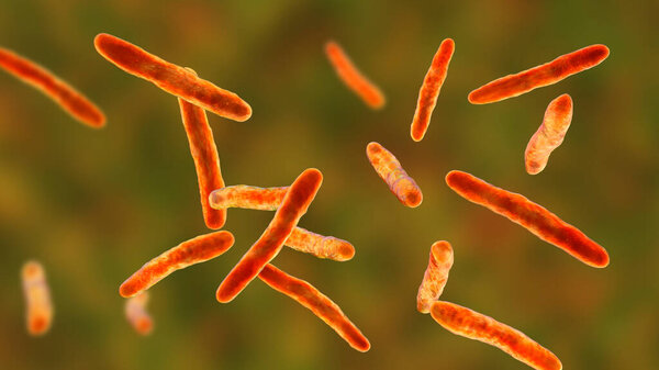 Bacteria Mycobacterium bovis, 3D иллюстрация. Причинно-следственным агентом туберкулеза у крупного рогатого скота является предок вакцины БЦЖ против туберкулеза у человека