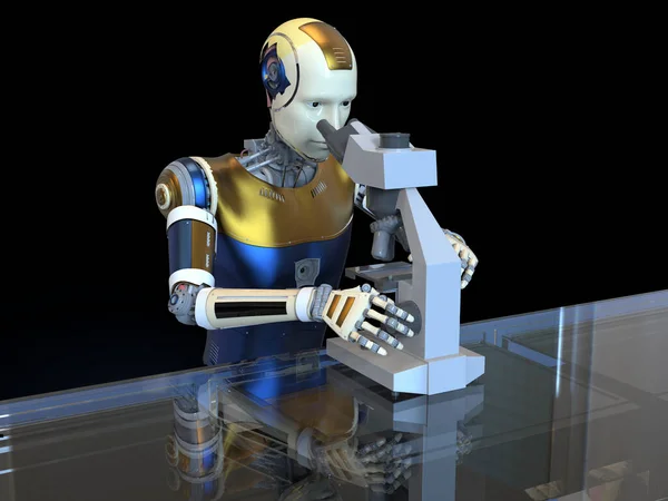 Робот Гуманоид Работающий Микроскопом Концептуальная Трехмерная Иллюстрация Лабораторная Автоматизация Искусственный — стоковое фото