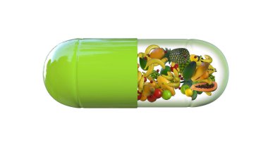 Meyveli hap, kavramsal 3 boyutlu illüstrasyon. Biyolojik aktif katkı maddeleri, vitaminler, sağlıklı beslenme konsepti.
