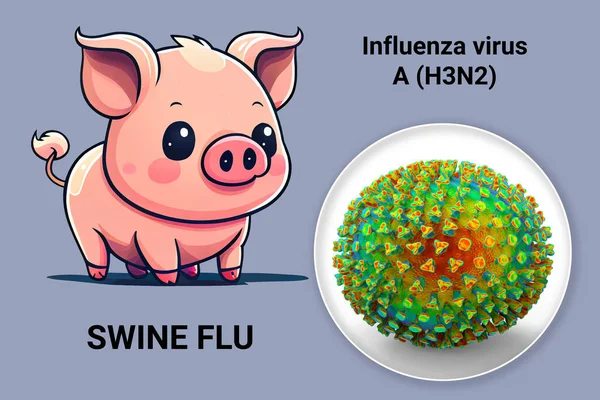 猪型流感 H3N2流感病毒的概念三维图解及猪的数码漫画图解 — 图库照片