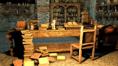 Eski bir evde antika kitaplar, üç boyutlu resimler. Antika kütüphane. Ortaçağ okulu. Bir ortaçağ bilim adamı ve filozofunun çalışma yeri..