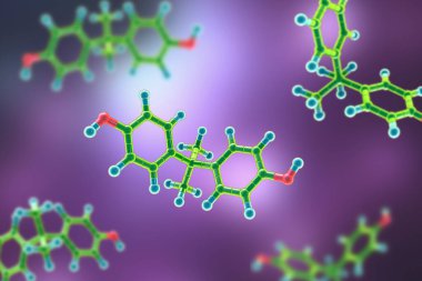 Bisphenol A (BPA) molecule, 3D illustration. Organic compound used in production of polycarbonate polymers and epoxy resins