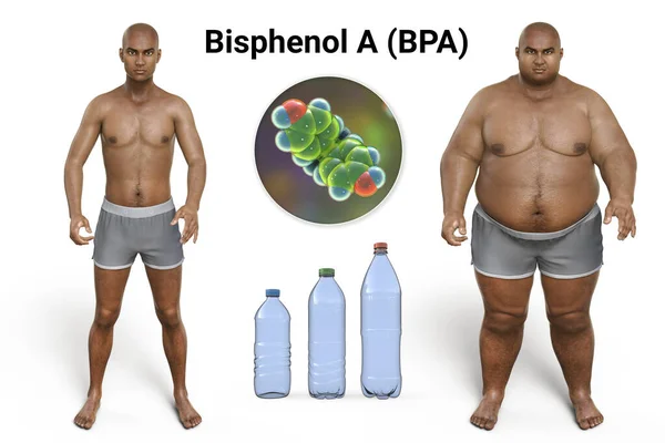 プラスチック化合物と肥満との関連 プラスチックボトルに存在するBpa分子を示す概念的な3Dイラストと代謝障害の結果として人の体重を増加させます — ストック写真
