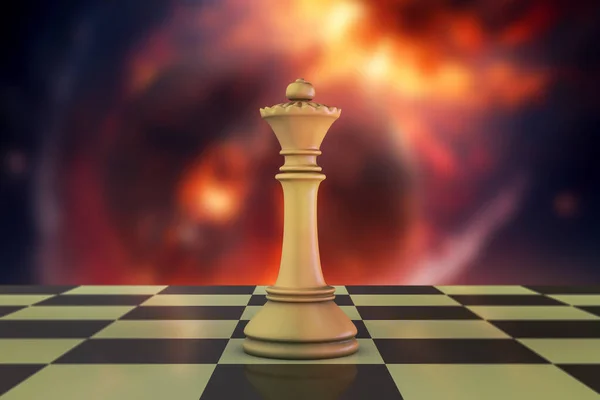 Chess queen figure on chess board and space background, 3D illustration