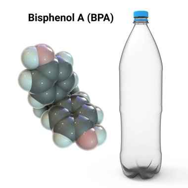 Bisphenol A (BPA) molecule and plastic bottle, 3D illustration. Organic compound used in production of polycarbonate polymers, particularly used in plastic bottles and other plastic goods