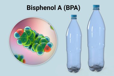Bisphenol A (BPA) molecule and plastic bottles, 3D illustration. Organic compound used in production of polycarbonate polymers, particularly used in plastic bottles and other plastic goods