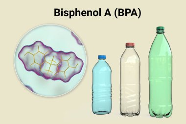 Bisphenol A (BPA) molecule and plastic bottles, 3D illustration. Organic compound used in production of polycarbonate polymers, particularly used in plastic bottles and other plastic goods