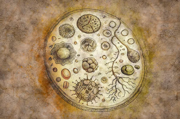 Drawings of microbes in antique book, illustration in old book sketch style.